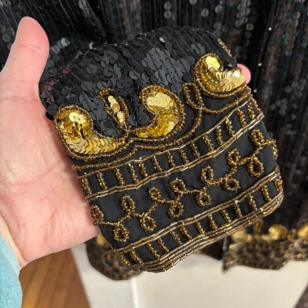 VTG STENAY 100% Silk All Over Sequin Beaded Formal Jacket in Black & Gold SZ L